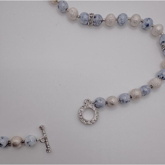 HAND MADE CERAMIC BEADED NECKLACE, BLUE & WHITE/ 18” - Picture 3 of 3